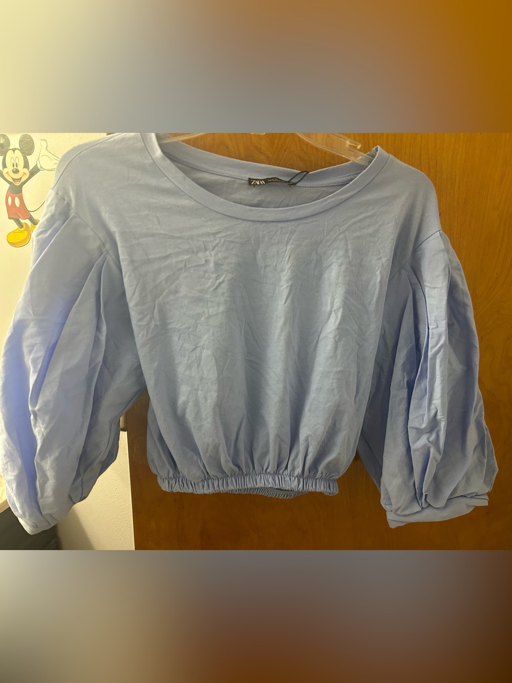 ZARA WOMENS BLUE CROPPED BUBBLE SLEEVE SHIRT NEW SMALL